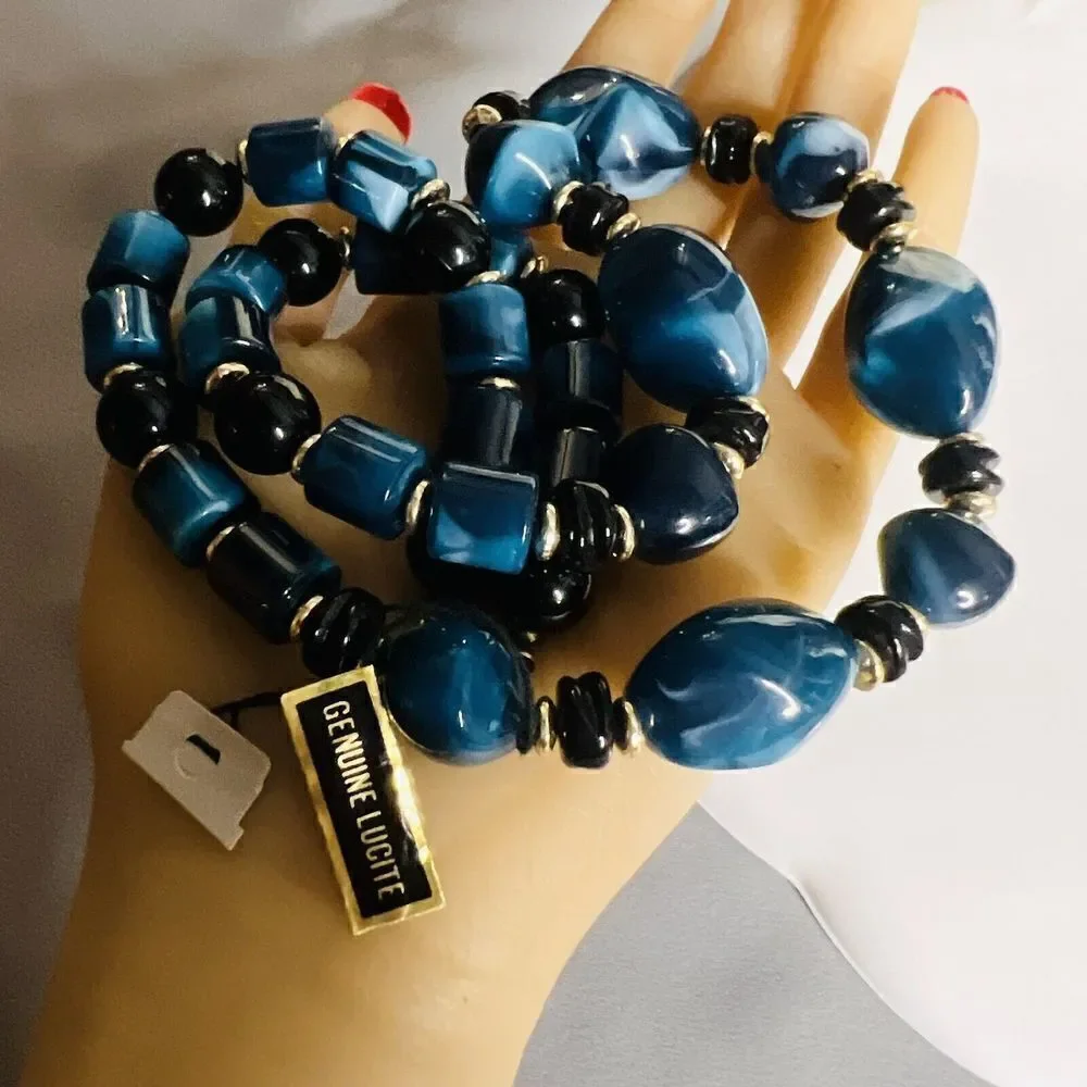 Vintage Lucite Necklace Black Blue  Marbled Chunky Beads Gold Swirl BEAUTIFUL